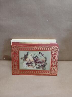 Plus Mark Christmas Cards Set Winter Horse Sleigh Scene Gold Holly Border #417
